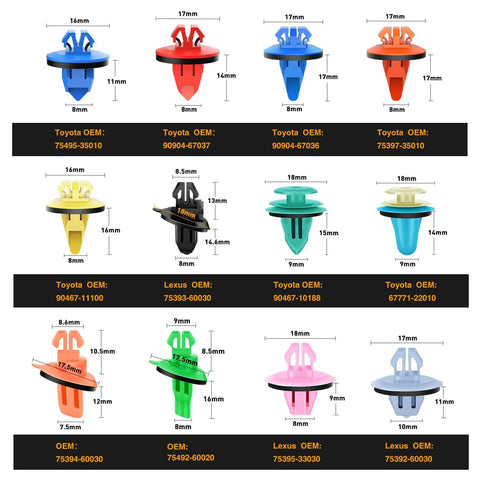 Assorted clips from 420 Piece One-Stop Fender Molding Clips Kit for Toyota and Lexus, various sizes and colors with OEM labels.