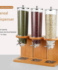 Triple Head Cereal Dispenser For Kitchen Setup with green, red beans and oats, durable jars, and wooden base for easy serving.