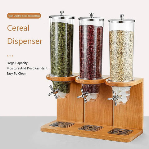 Triple Head Cereal Dispenser For Kitchen Setup with green, red beans and oats, durable jars, and wooden base for easy serving.