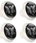 4 Pcs 1.37 Inch Round Glass Cabinet Knobs Black Butterfly Design with floral pattern for kitchens and dressers.