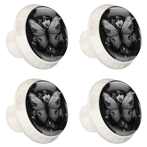4 Pcs 1.37 Inch Round Glass Cabinet Knobs Black Butterfly Design with floral pattern for kitchens and dressers.