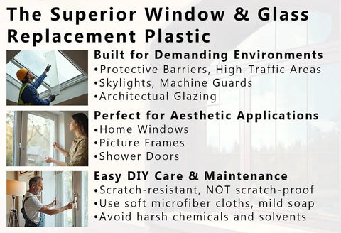 Collage showing the uses of Crystal Clear Polycarbonate Sheet That Is Tougher Than Plexiglass UV And Weather Resistant Lightweight Yet Ultra Durable 12 X 18 Inches One Eighth Inch Thick Made In USA Ideal For DIY Projects And Industrial Use in demanding and aesthetic environments with easy care tips.