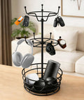 Black Dope 360 Degree Rotating Mug Holder Tree With Ten Hooks, holding keys and headphones, displayed on table.