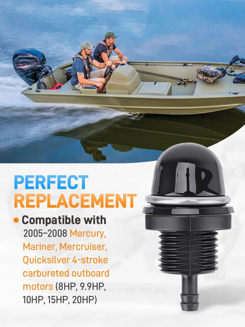 Boat moving on water with Priming Start Pump Replacement For 8HP To 20HP 4 Stroke Carb Outboard Engines With Manual Choke (2005-2008) displayed.