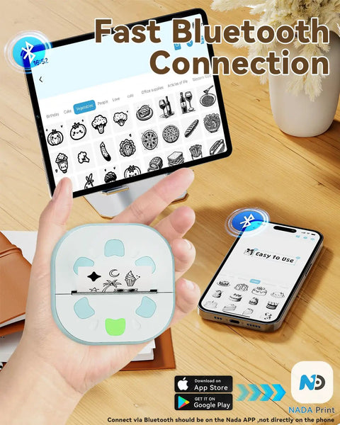 Person holding a Bluetooth Sticker Printer Mini Portable Sticker Maker With 3 Roll Paper Inkless Thermal Printing For iPhone in a hand.