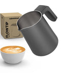 FlowTip Milk Jug For Barista Level Frothing At Home, Stovetop Foaming Pitcher With Precision Pour Spout And Heat Resistant Handle, 450ml Black, Perfect For Latte Art, Cappuccino Foam with latte art and packaging displayed.
