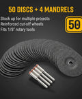 Heavy Duty 50 Pack Rotary Tool Metal Cutting Discs With Four Mandrels for 1/8 Inch Tools, shown with arranged discs and mandrels.