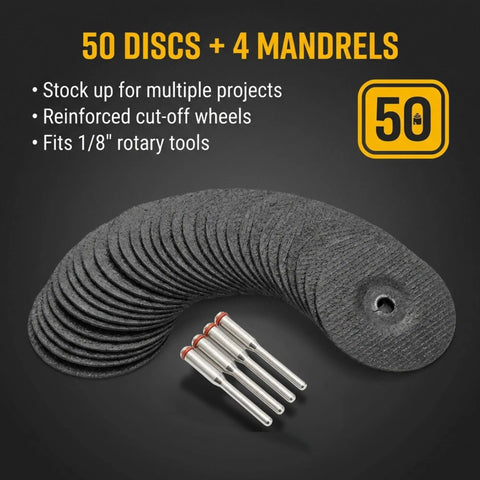 Heavy Duty 50 Pack Rotary Tool Metal Cutting Discs With Four Mandrels for 1/8 Inch Tools, shown with arranged discs and mandrels.