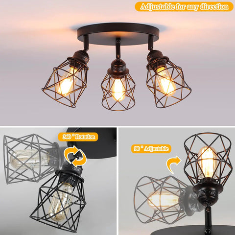 Adjustable Multi Directional Ceiling Light Fixture With E26 Base For Kitchen Hallway And Dining Room Semi Flush Mount Black Farmhouse Industrial Iron Cage Spotlight For Modern Rustic Vibe
