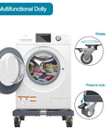 Heavy Duty Furniture Dolly With Four Locking Wheels For Mini Fridge Washer Refrigerator And Plant Stand Adjustable Appliance Cart 300 Lb Load Capacity 360 Degree Rolling Cart For Home Laundry And Moving image showing a front-loading washer on the dolly with close-ups of the wheels