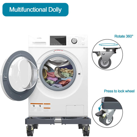 Heavy Duty Furniture Dolly With Four Locking Wheels For Mini Fridge Washer Refrigerator And Plant Stand Adjustable Appliance Cart 300 Lb Load Capacity 360 Degree Rolling Cart For Home Laundry And Moving image showing a front-loading washer on the dolly with close-ups of the wheels