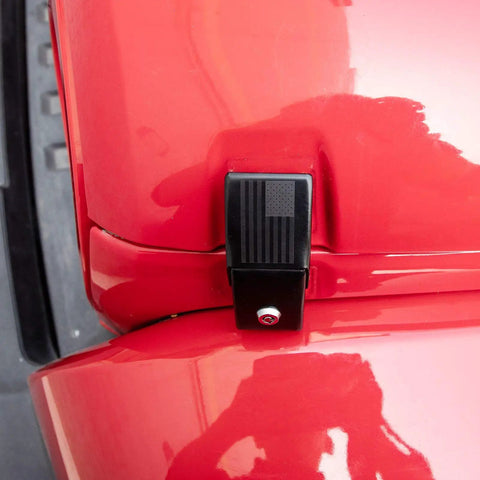 Close-up of Heavy Duty Aluminum Hood Latch Kit With Locking Hood Catch for Jeep Wrangler JK JL Gladiator JT 2007-2025 in use