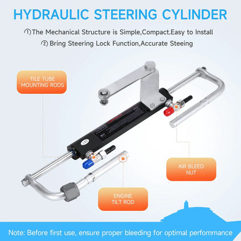 90HP Outboard Hydraulic Steering Kit With Hydraulic Cylinder Steering Pump And Nylon Hoses displayed with labeled components.