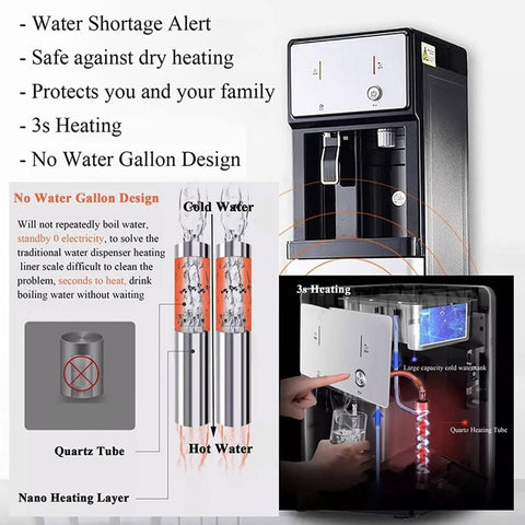 Freestanding Floor Loading Water Cooler With Instant Ice Cold And Piping Hot Settings Smooth Push Button Operation Quick Drip Hydration Fix Game Changer For Home Office Or Kitchen with quartz heating technology.