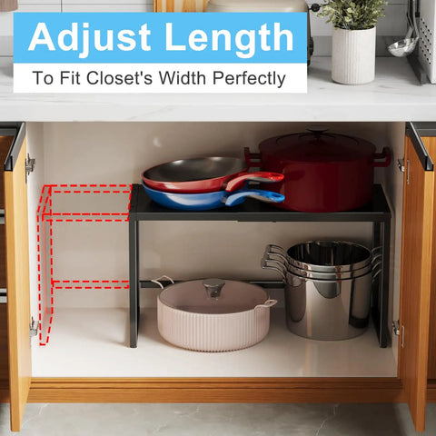Adjustable Expandable Metal Storage Shelves With 110 Lbs Capacity in kitchen cabinet holding pots and pans