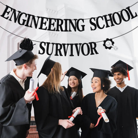 Future Engineer Graduation Banner And Congrats Engineer Sign Set With Grads Holding Diplomas, Glitter Paper Decor