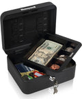 Workhorse Metal Cash Box With Removable Money Tray And Key Lock, open showing cash, coins, keys inside, black color.