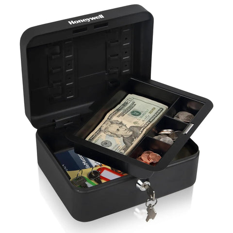 Workhorse Metal Cash Box With Removable Money Tray And Key Lock, open showing cash, coins, keys inside, black color.