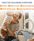 Mother and child near laundry basket and open dryer door, highlighting dryer issues solved by Upgraded 510329P Dryer Heating Element OEM.