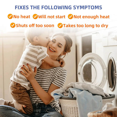 Mother and child near laundry basket and open dryer door, highlighting dryer issues solved by Upgraded 510329P Dryer Heating Element OEM.