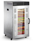 Heavy Hitter 2000 Watt Commercial Electric Food Dehydrator With 20 Stackable Stainless Steel Trays And Simple Digital Controls, showing trays filled with fruits.