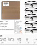 Five Pack Adjustable Safety Glasses For Work And Home Wide Vision Lightweight Fog Proof Protective Goggles Set, box, certificate, size chart