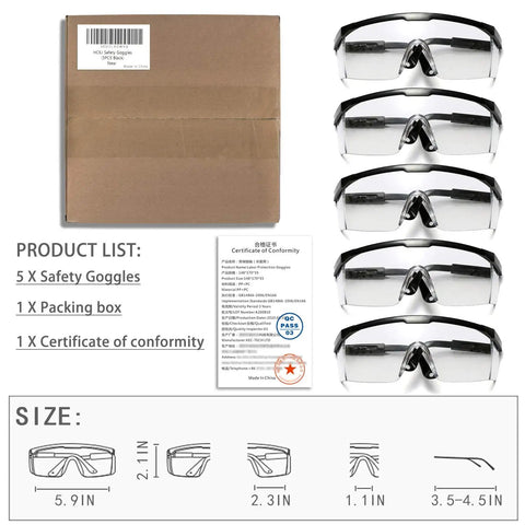 Five Pack Adjustable Safety Glasses For Work And Home Wide Vision Lightweight Fog Proof Protective Goggles Set, box, certificate, size chart