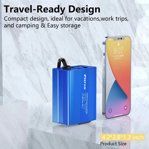 Road Trip Ready 150W Car Power Inverter Dc 12V To 110V Ac Converter with compact blue design next to a smartphone.