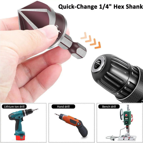 Five Piece Countersink Drill Bit Set With 82 Degree Countersink Pro Grade HSS High Speed Steel showing quick-change hex shank.