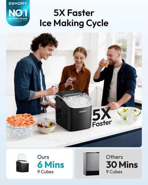 EUHOMY countertop ice maker, black with transparent lid, ice cubes visible on kitchen counter with three people.
