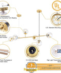 Diagram of Six Light Gold Sputnik Chandelier with detailed features, including glass shades, UL mounting bracket, and packaging.