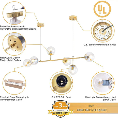 Diagram of Six Light Gold Sputnik Chandelier with detailed features, including glass shades, UL mounting bracket, and packaging.