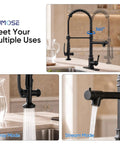 RUMOSE Matte Black Commercial Kitchen Faucets with Pull Down Sprayer showing 360° swivel, spray and stream modes in kitchen.