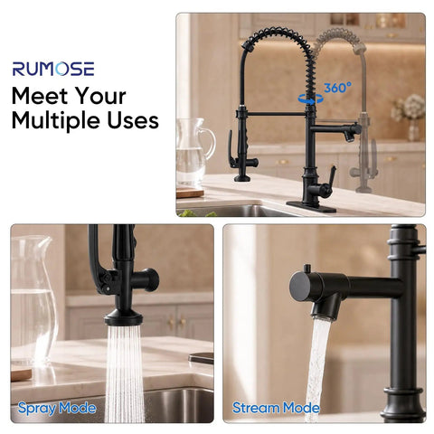 RUMOSE Matte Black Commercial Kitchen Faucets with Pull Down Sprayer showing 360° swivel, spray and stream modes in kitchen.