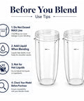 Replacement 32oz Blender Cups Set For 600W And Pro 900W High Speed Blenders 2 Pack Eco Friendly BPA Free Plastic, use tips displayed