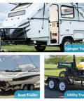 Camper, boat, and utility trailers; showcasing versatility of Two Pack 4.80-8 Trailer Tires 6PR Load Range C Beefy Heavy Duty.