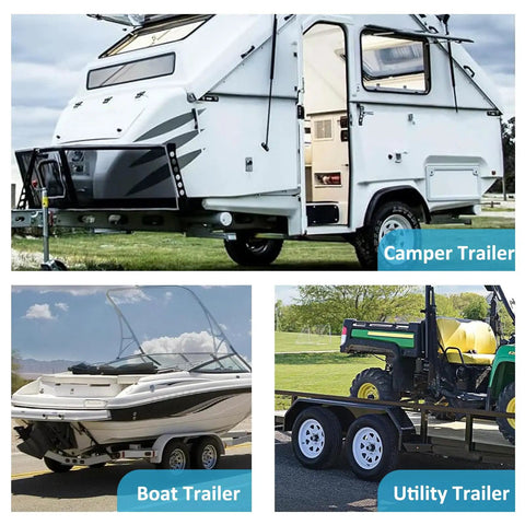 Camper, boat, and utility trailers; showcasing versatility of Two Pack 4.80-8 Trailer Tires 6PR Load Range C Beefy Heavy Duty.