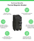 Qwik Open 50 Amp Two Pole Plug In Mount Mini Circuit Breaker 120 And 240 Volt AC 10kA Breaking Capacity For Commercial And Residential Use Five Pack QO250CP with technical benefits icons.