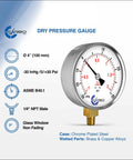 CARBO Instruments 4-inch Dry Pressure Gauge with chrome-plated steel case, lower-mount 1/4-inch NPT, vacuum -30 Hg/30 PSI