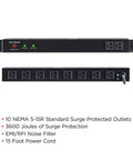 Front and rear view of the Beefy Rackmount Surge Protector 120V 15A with 15 Foot Cord, 3600 Joules, 10 Outlets, 1U Mount, UL Listed.