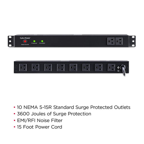 Front and rear view of the Beefy Rackmount Surge Protector 120V 15A with 15 Foot Cord, 3600 Joules, 10 Outlets, 1U Mount, UL Listed.