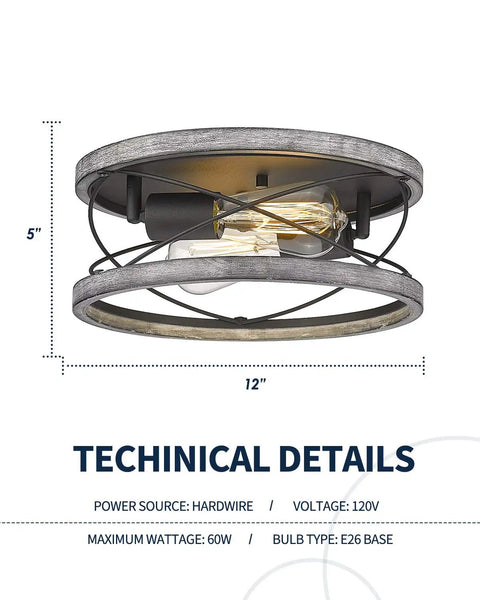 Farmhouse Wood Flush Mount Ceiling Light 12 Inch 2 Light Dimmable Fixture with open X-brace design, technical details image