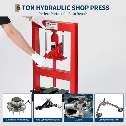 6 Ton Hydraulic Shop Press With Stamping Plates Four Hole Adjustable Height H Frame Dust Cover For Auto Repair