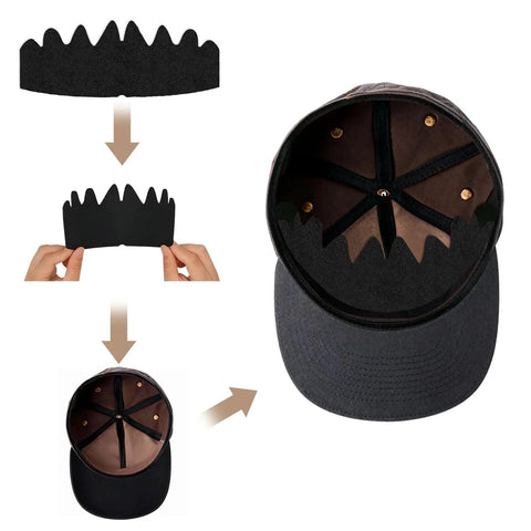 10 Pack Baseball Cap Sweat Liners, Flexible Washable Reusable Hat Inserts shown inserted into a black cap, premium felt material