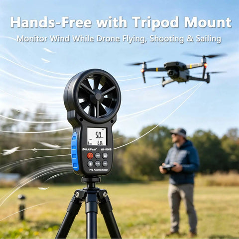Digital Handheld Wind Speed Meter With Temperature And Wind Chill Readouts, High Precision Anemometer For HVAC, Camping And DIY Projects, Measures 0.67 To 67.1 Mph With About 2 Percent Accuracy on tripod with drone