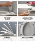 Sanborne Slow Close Round Toilet Seat With Built In Child Seat And Nightlight Soft Close Round Toilet Seat For Potty Training White 823902 N WH With A Removable Child Training Seat And Night Light Glow For Late Night Visits with features like quick release, battery operation, slow-close hinge, and non-slip bumpers.