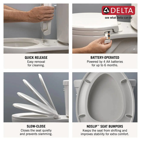 Sanborne Slow Close Round Toilet Seat With Built In Child Seat And Nightlight Soft Close Round Toilet Seat For Potty Training White 823902 N WH With A Removable Child Training Seat And Night Light Glow For Late Night Visits with features like quick release, battery operation, slow-close hinge, and non-slip bumpers.