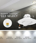 Totally Adjustable 5 6 Inch Led Retrofit Downlight Gimbal 1200 Lumens Bright As Day with 5 CCT select features shown on ceiling.