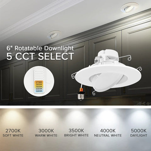 Totally Adjustable 5 6 Inch Led Retrofit Downlight Gimbal 1200 Lumens Bright As Day with 5 CCT select features shown on ceiling.