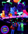 Partygoers enjoying a vibrant atmosphere with Four UV Black Light Strips For Neon Party Setup 115W LED Kit With Easy Plug In